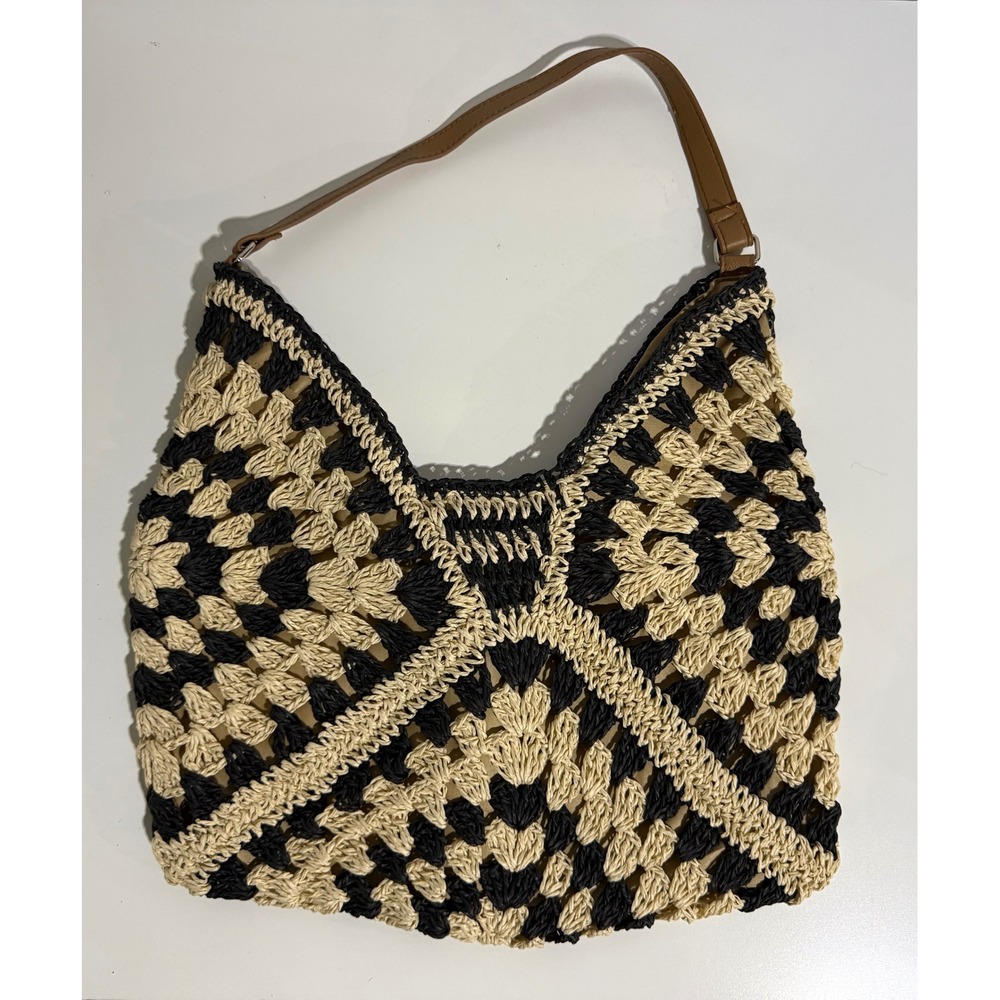 Unbranded Womens Black Cream Crochet Hobo Shoulder Bag Geometric Boho Lined